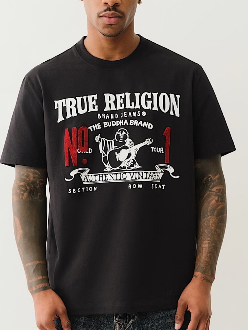 True Religion Black Graphic Logo Tee with White and Red Print